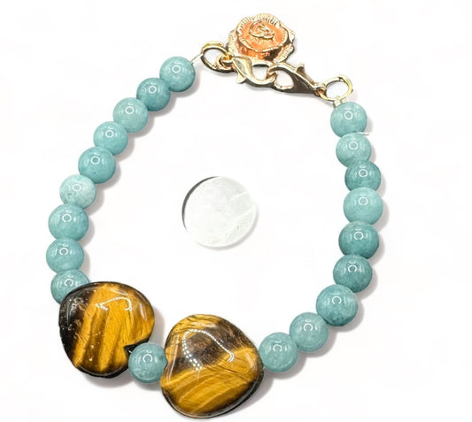 Light blue precious gemstones w/tiger eye hearts